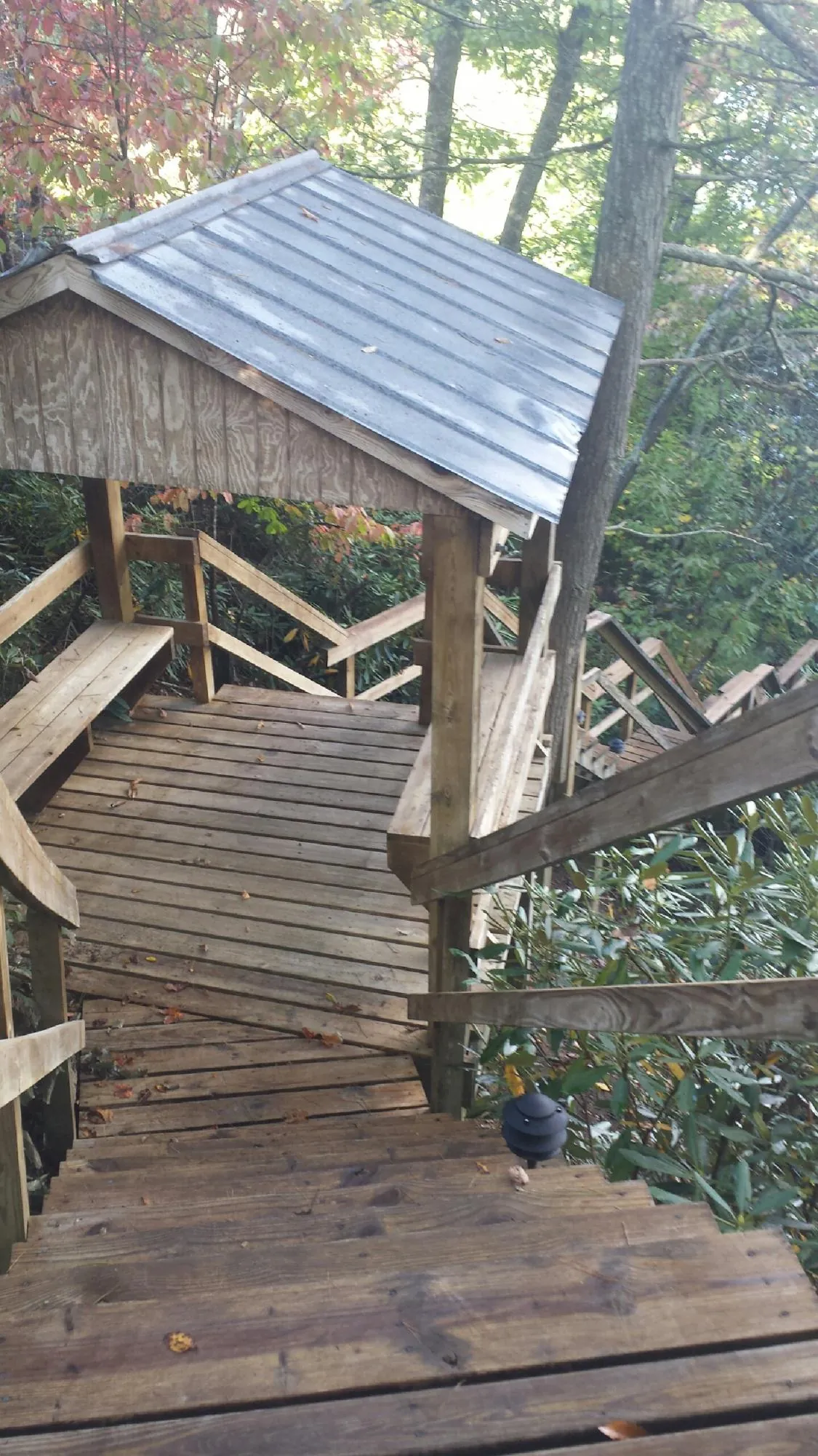 Metal roofed shelter over wooden steps on a wooded walkway — Skylight Repair & Installation work by our crew in Mc Gaheysville